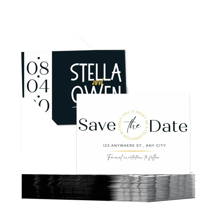 Custom black and vintage white save the date cards - personalized 4x6 inch invitations with elegant typography