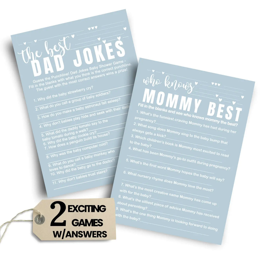 Blue Baby Shower Game Set - Who Knows Mommy Best & Dad Jokes, Modern Minimalist, 25 Pack