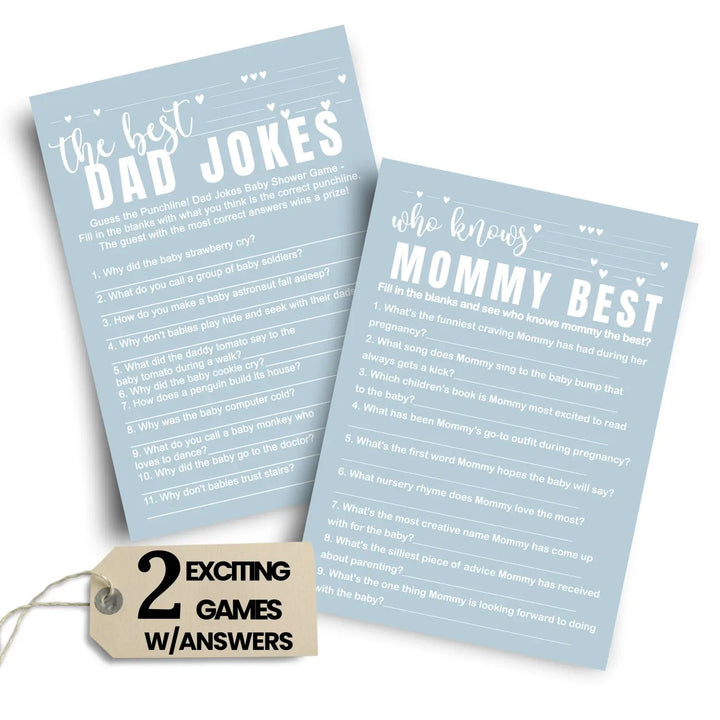 Blue Baby Shower Game Set - Who Knows Mommy Best & Dad Jokes, Modern Minimalist, 25 Pack