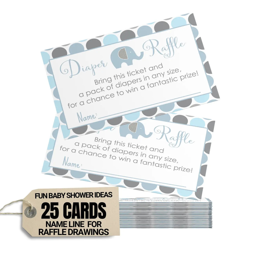 Blue Elephant Diaper Raffle Tickets - Baby Shower Game Inserts by Paper Clever Party, 25 Pack, 2x3.5