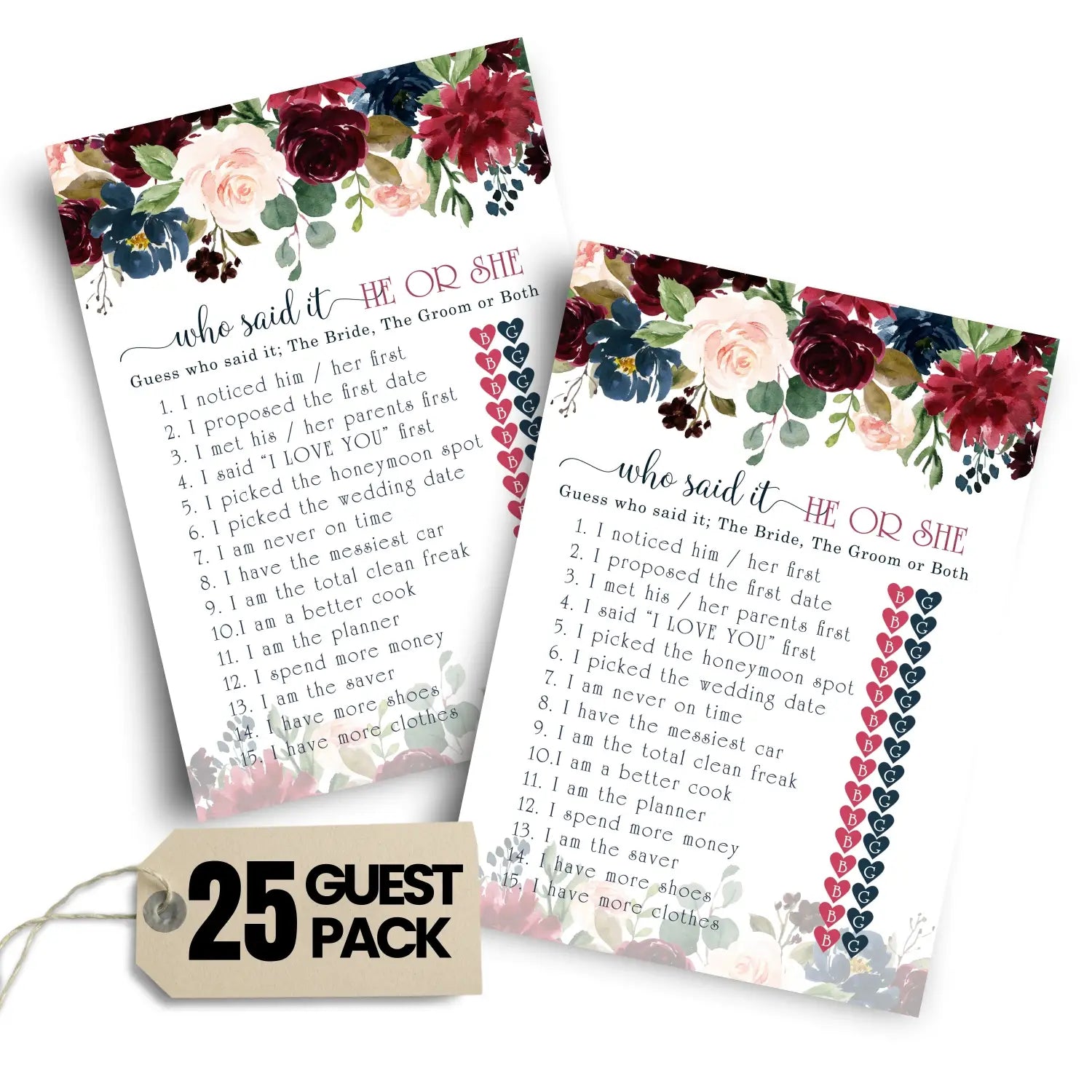 Blue floral bridal shower games - 25 cards - he said she game what did the bride and groom say guess who wedding