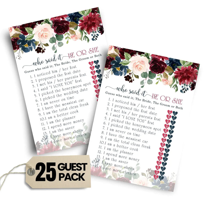 Blue Floral Bridal Shower Games - 25 Cards - He Said She Said Bridal Shower Game, What Did the Bride and Groom Say Guess Who Wedding Activity - Engagement, Rehearsal Dinner, Rustic Burgundy Design