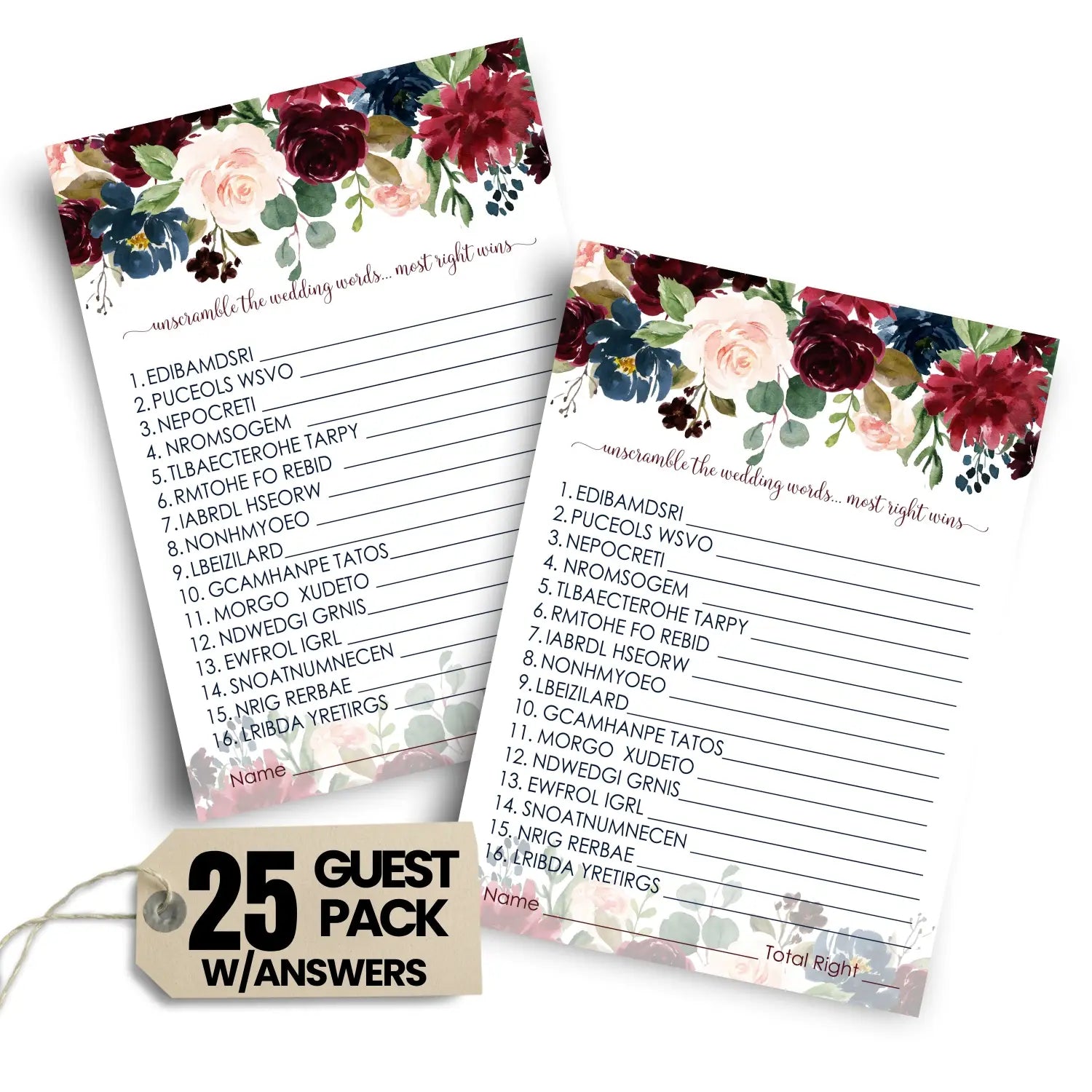 Blue floral bridal shower games - 25 cards - wedding word scramble game fun guess activity for guests engagement party