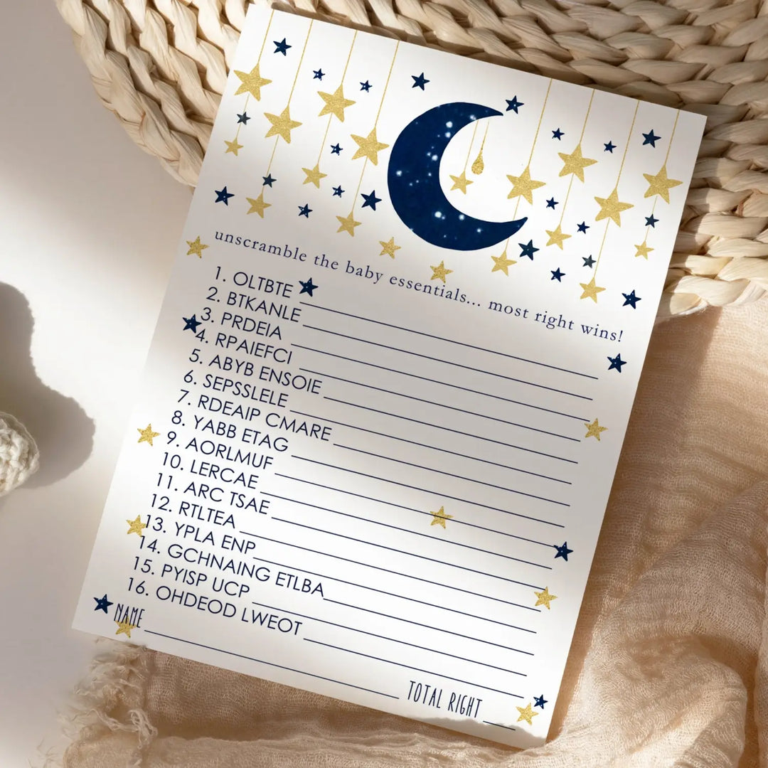 Twinkle Little Star Boy Baby Shower Games - Word Scramble Activities for Guests, Celestial Theme Decorations, Blue and Gold Favors, 25 Cards