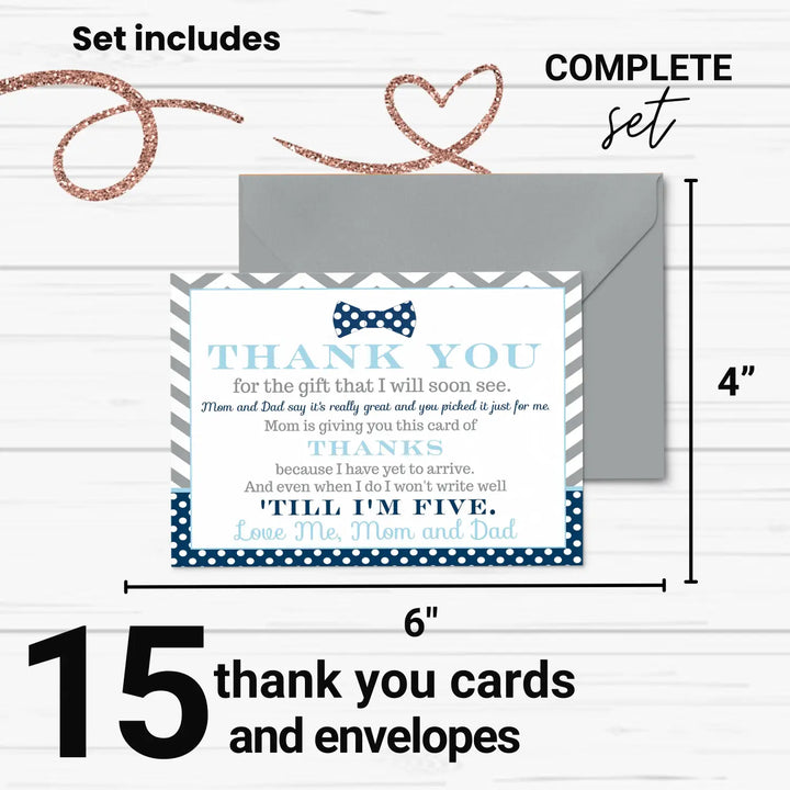 Bow Tie Boys Baby Shower Thank You Cards - 15 Pack Elegant Notecards with Gray Envelopes, 4x6