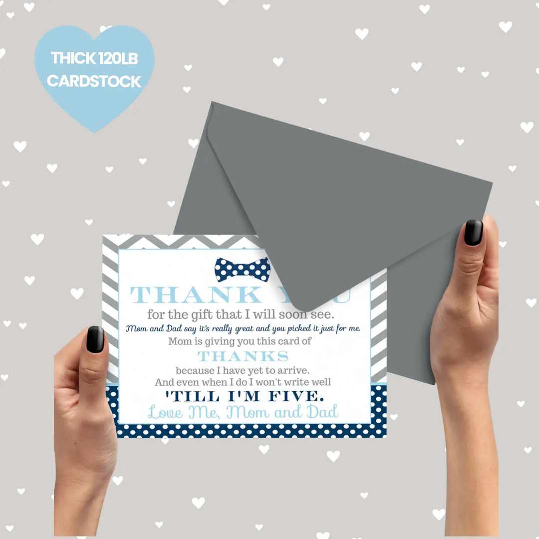 Bow Tie Boys Baby Shower Thank You Cards - 15 Pack Elegant Notecards with Gray Envelopes, 4x6