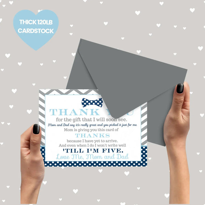 Bow Tie Boys Baby Shower Thank You Cards - 15 Pack Elegant Notecards with Gray Envelopes, 4x6