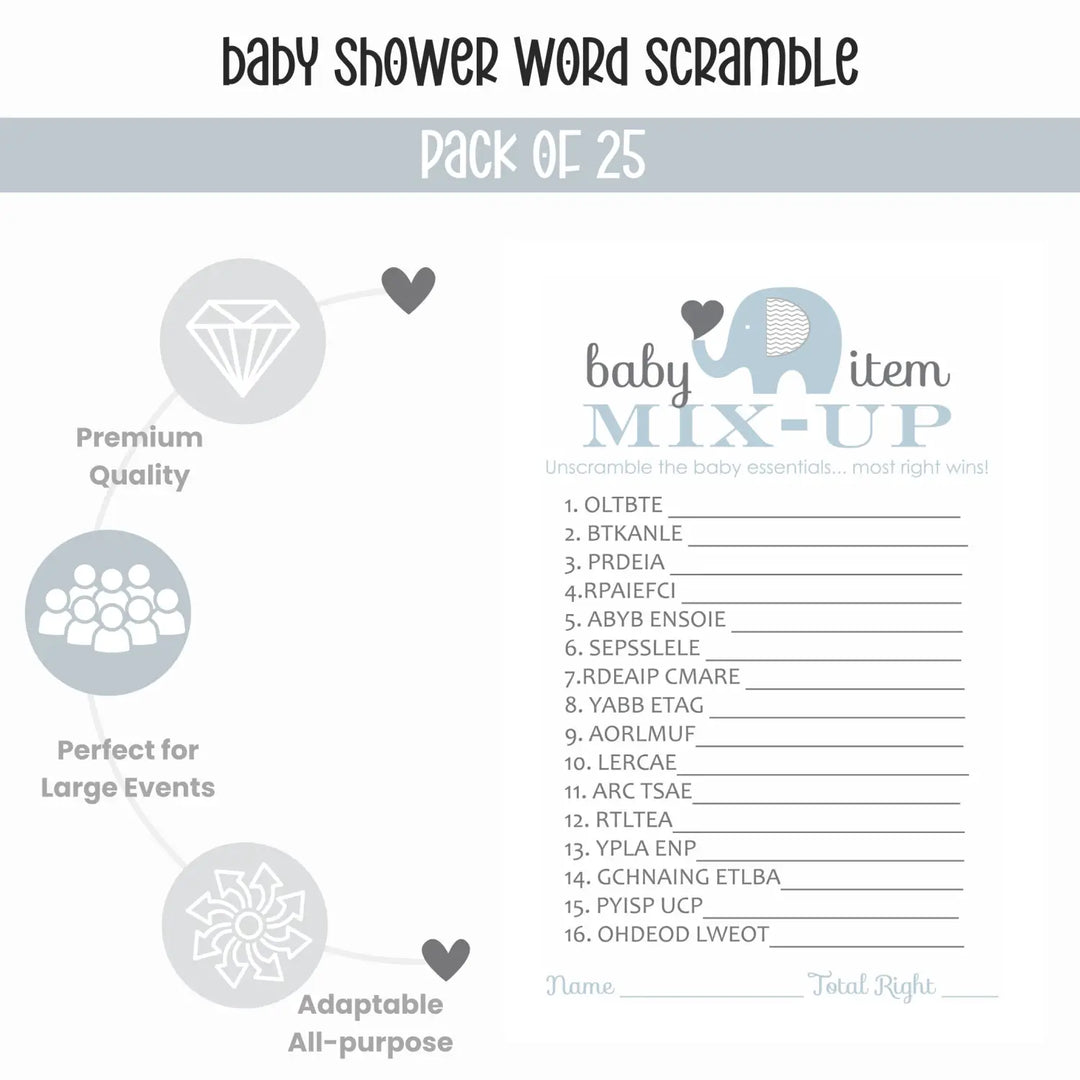 Blue Elephant Baby Shower Games Boy - Word Scramble Activities for Prizes, Jungle Theme Decorations, 25 Cards