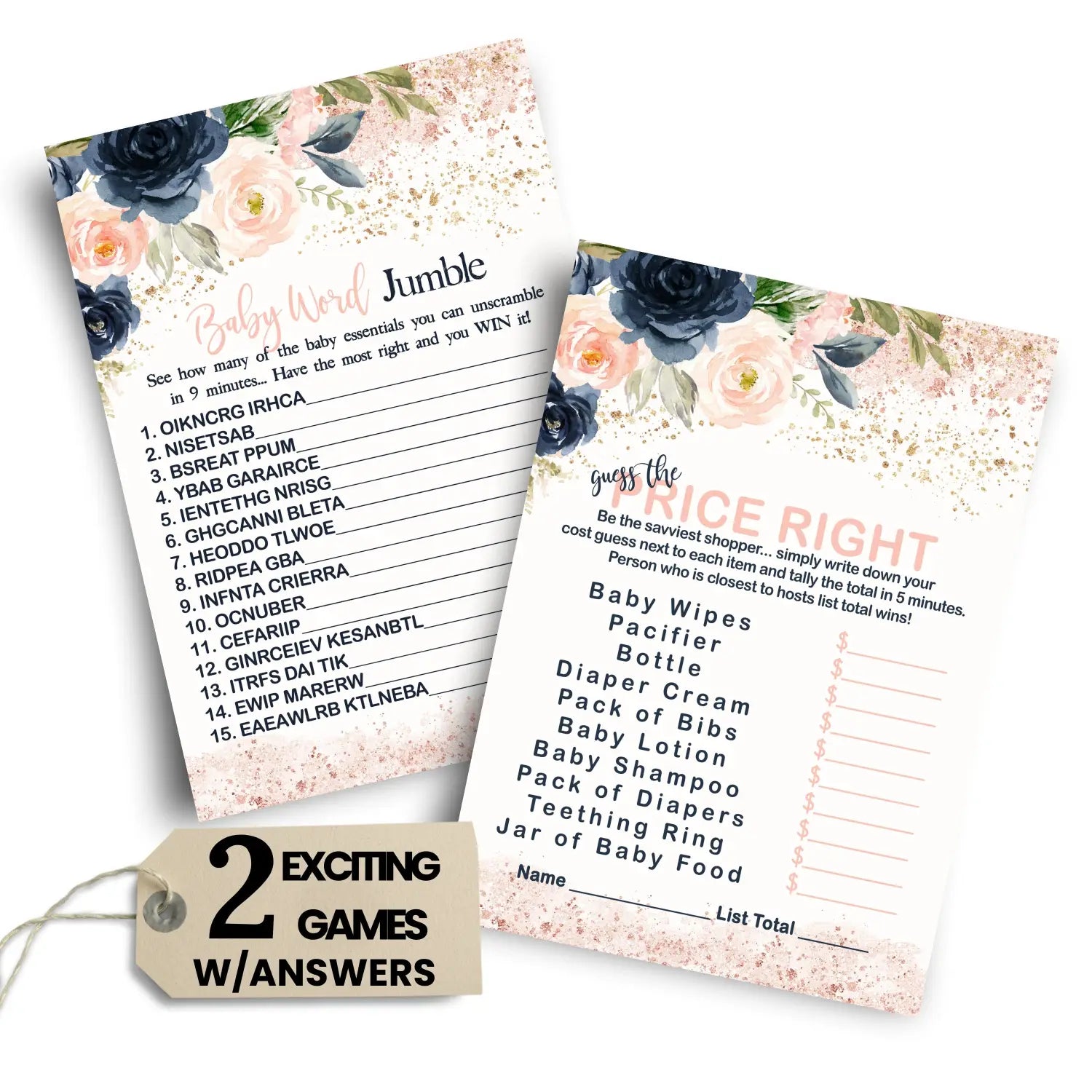 Blue floral baby shower games 25 each - is the price right and word scramble for rustic decor favors game planning