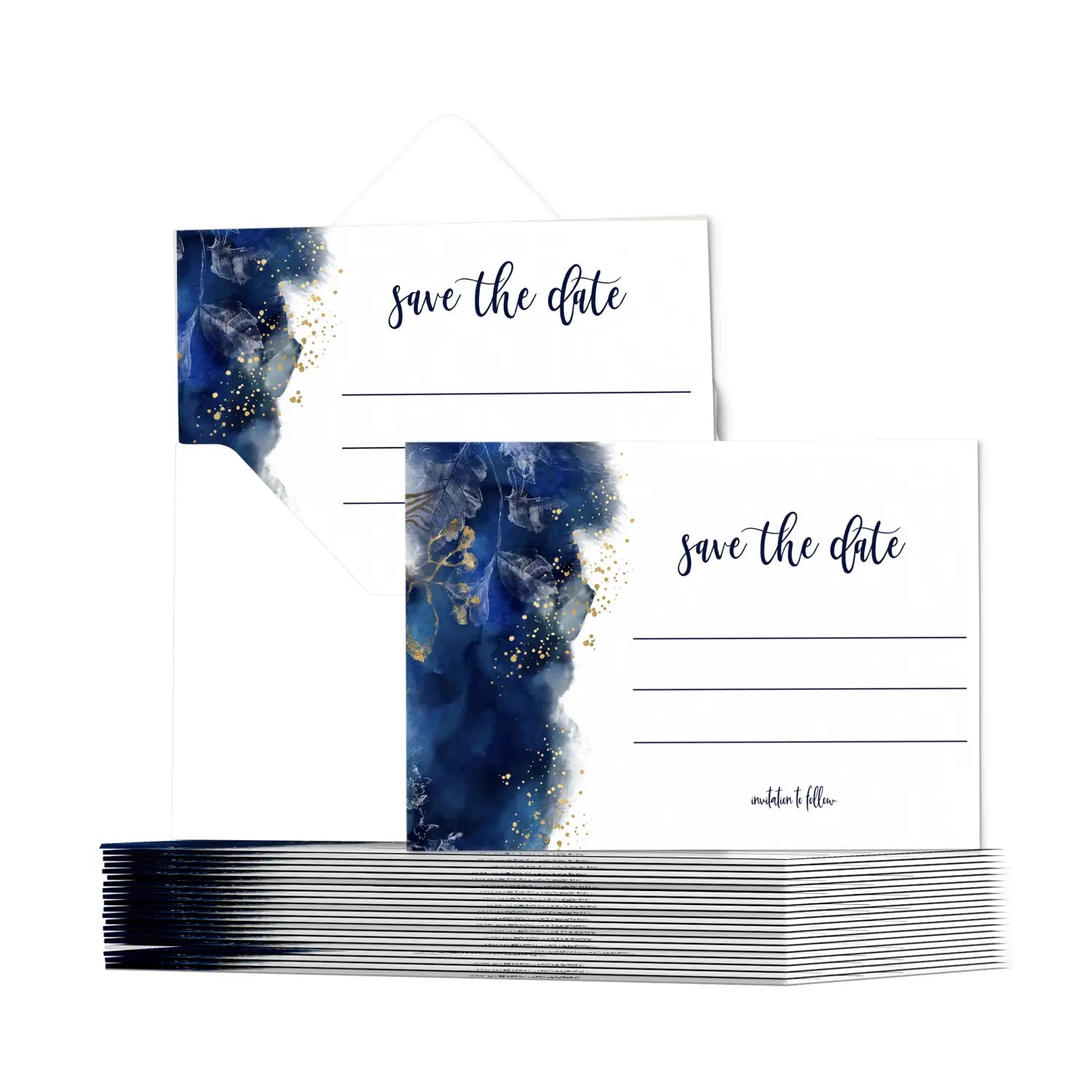 Blue watercolor save the date cards with envelopes - 25 pack - 3.5x5 gold floral design - all occasion for weddings