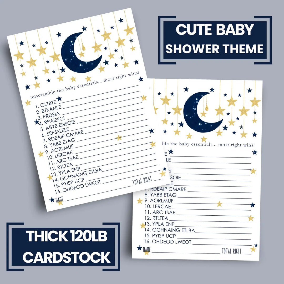 Twinkle Little Star Boy Baby Shower Games - Word Scramble Activities for Guests, Celestial Theme Decorations, Blue and Gold Favors, 25 Cards