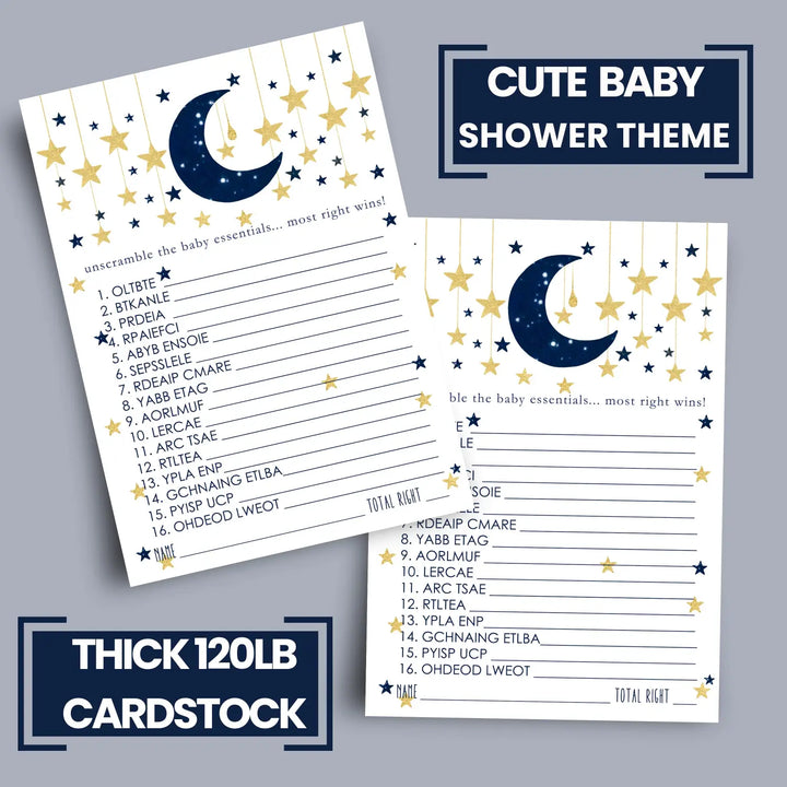 Twinkle Little Star Boy Baby Shower Games - Word Scramble Activities for Guests, Celestial Theme Decorations, Blue and Gold Favors, 25 Cards