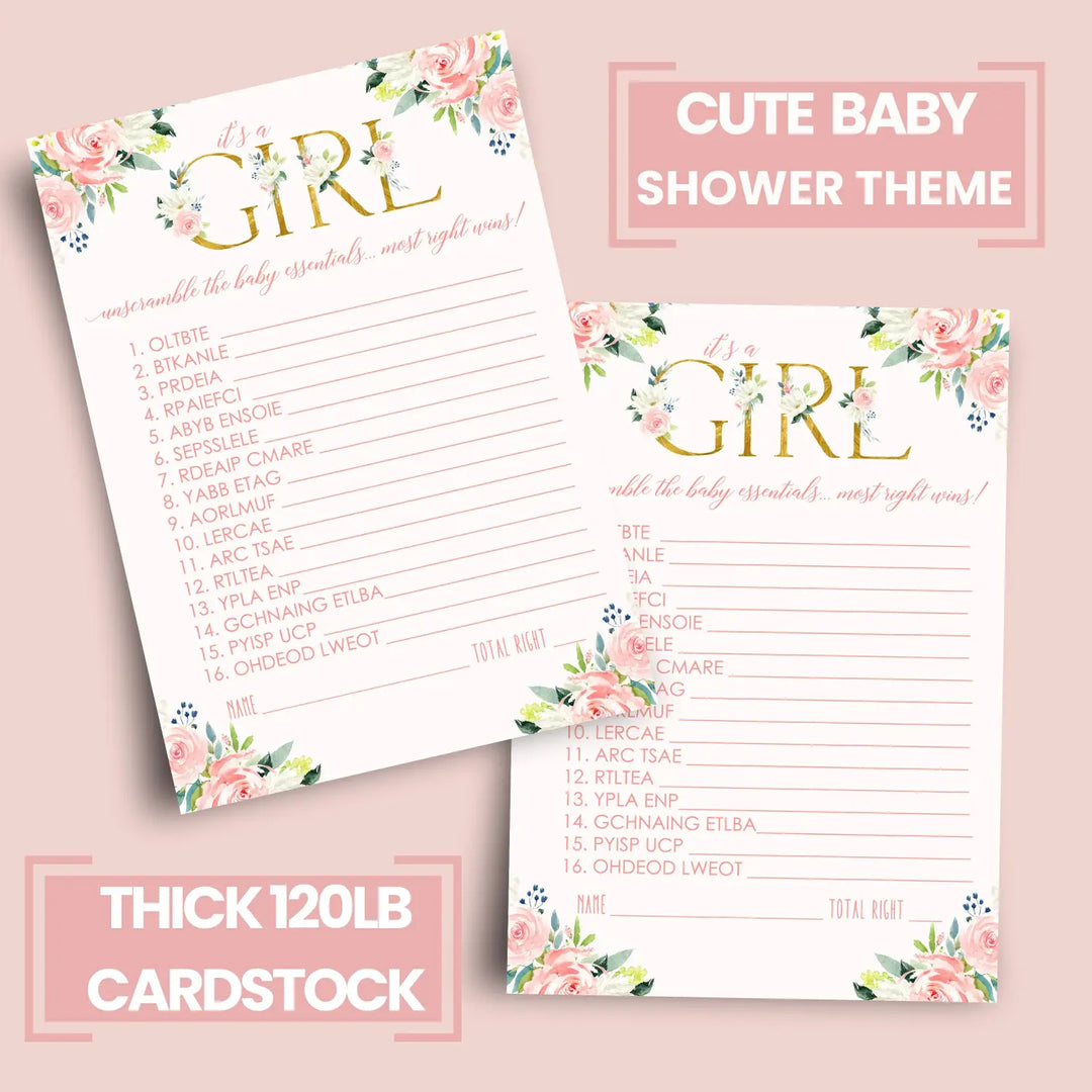 Paper Clever Party Girl Baby Shower Games Rustic - Word Scramble Cards - 25 Baby Shower Activities for Guests Prizes, Boho Floral Theme Pink and Gold Favors, Pack