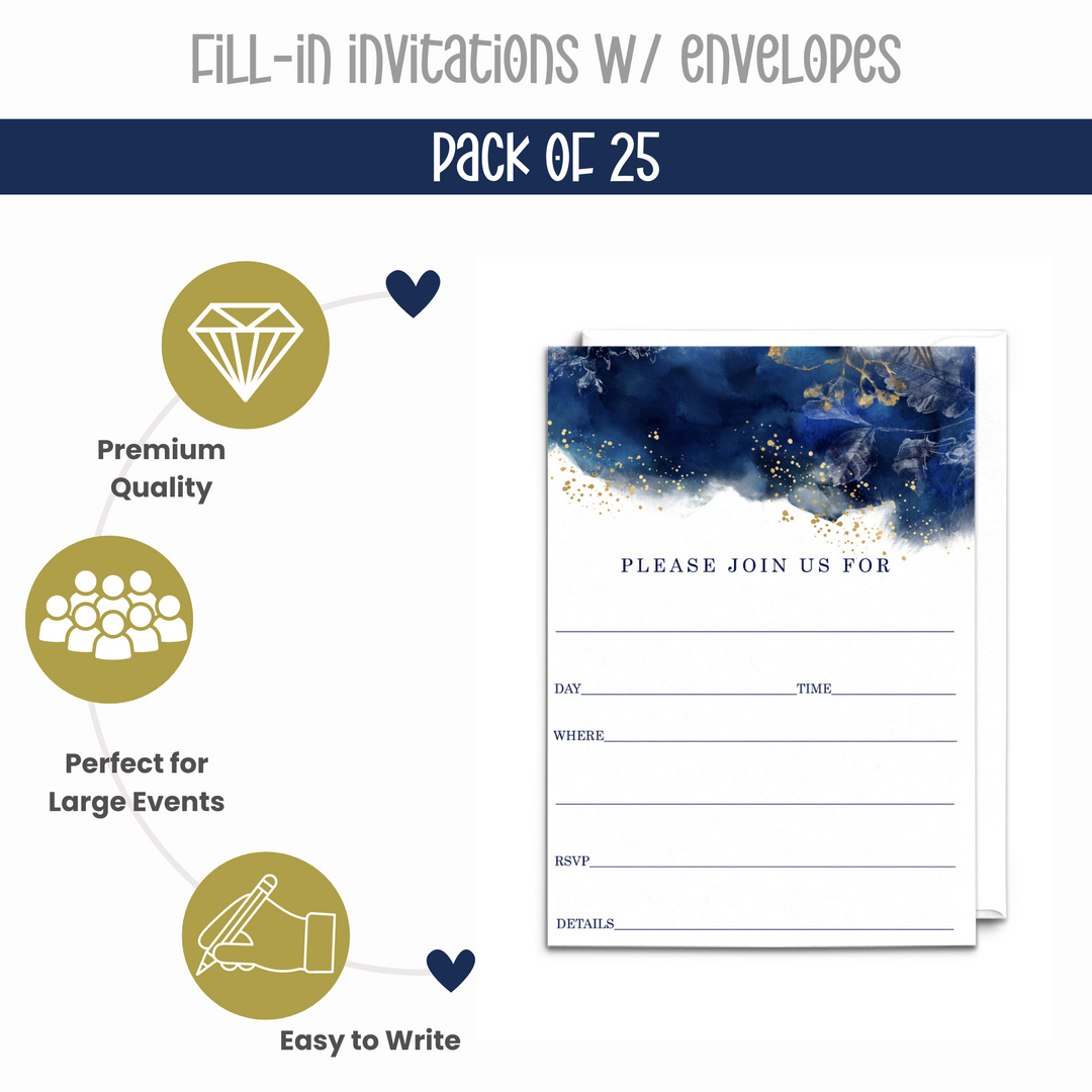 Blue and Gold Watercolor Floral Invitations with Envelopes, 25 Pack, 5x7 Blank Cards for All Occasions - Paper Clever Party