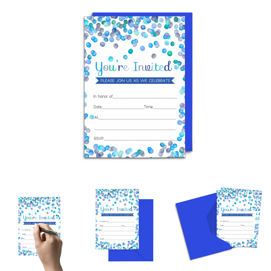 Blue Confetti All-Occasion Invitations - Boys Abstract Watercolor Dot 4x6 Cards (15 Pack) - Paper Clever Party