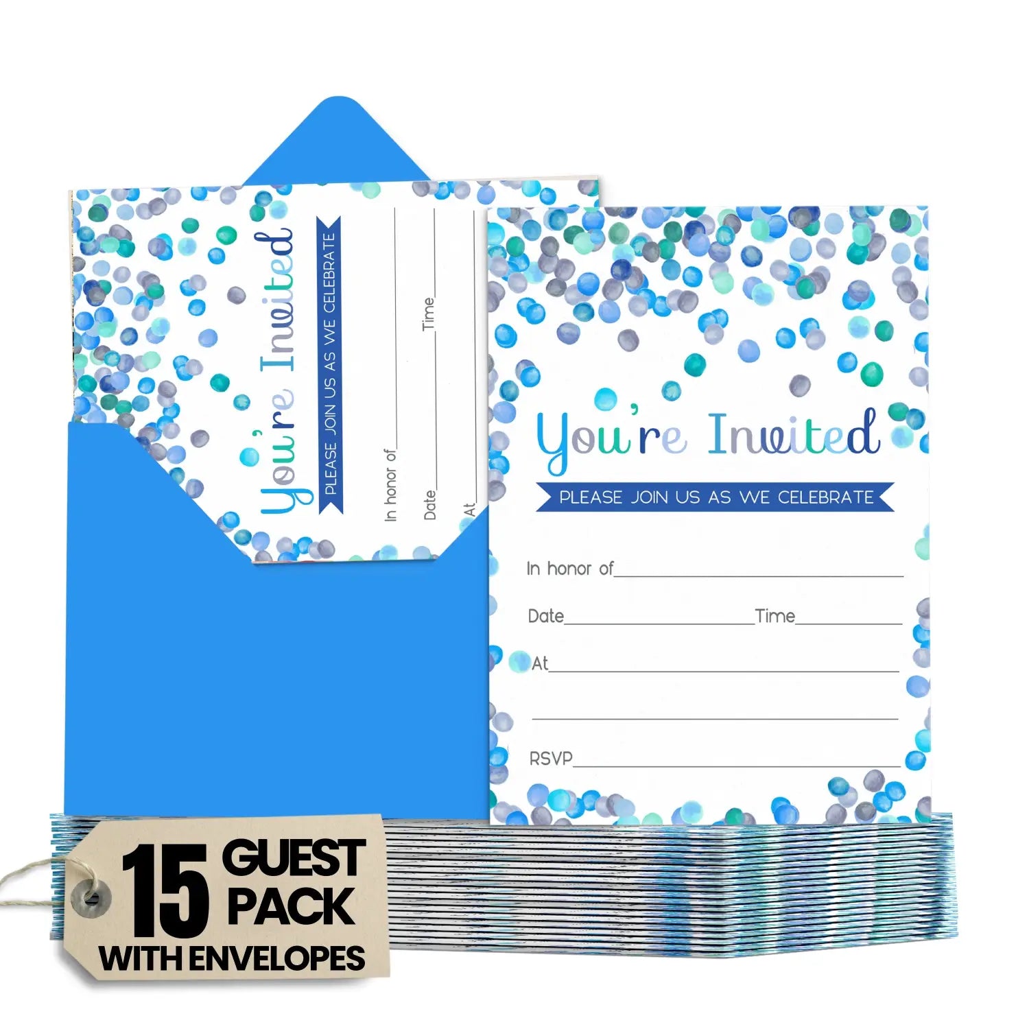 Blue confetti all-occasion invitations - boys abstract watercolor dot 4x6 cards (15 pack)