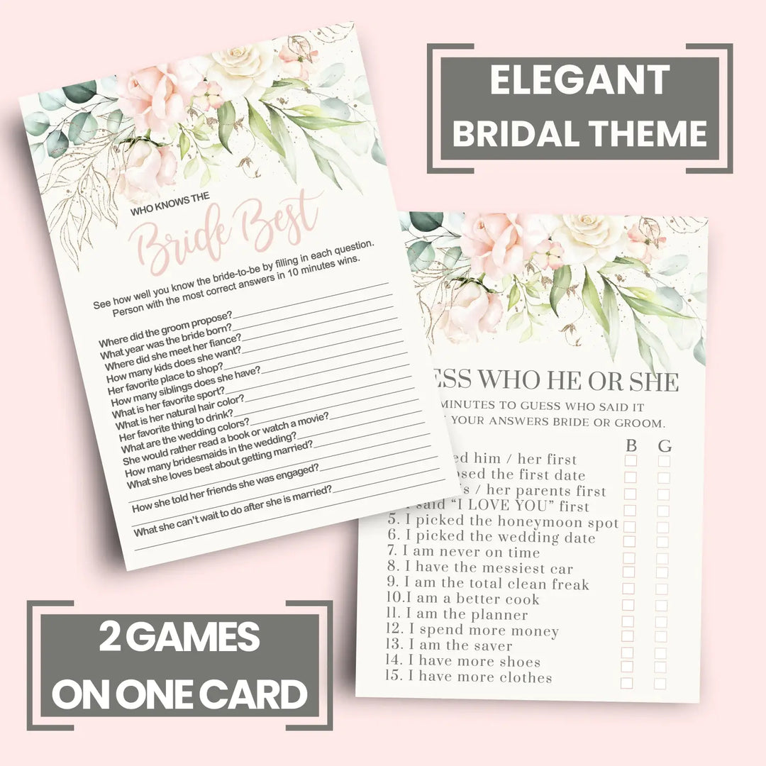 Blush Bloom Bridal Shower Games – He Said or She Said & Who Knows the Bride Best Bridal Shower Game - Wedding, Engagement Party, Rehearsal Dinner, Pink Gold Floral Design, 25 Double-Sided Card Bundle