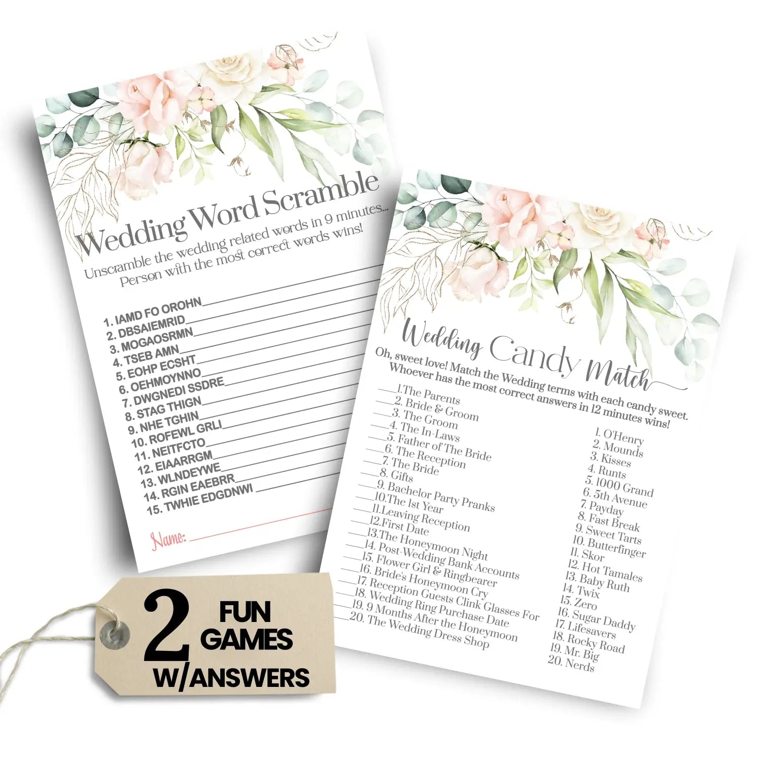 Blush blooms bridal shower games (25 each) wedding word scramble and guess the candies fun activity for engagement