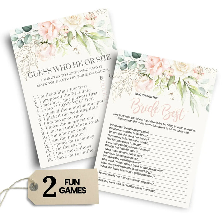 Blush Bloom Bridal Shower Games – He Said or She Said & Who Knows the Bride Best Bridal Shower Game - Wedding, Engagement Party, Rehearsal Dinner, Pink Gold Floral Design, 25 Double-Sided Card Bundle