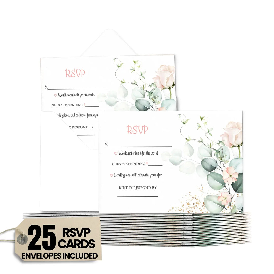 Blush Greenery Pink Floral RSVP Cards - Wedding Response Set, 3.5x5, Envelopes Included, 25 Pack