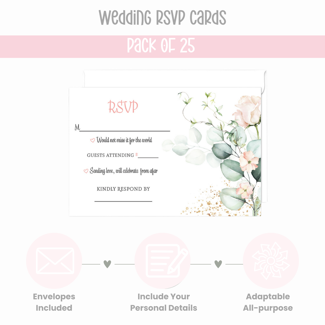 Blush Greenery Pink Floral RSVP Cards - Wedding Response Set, 3.5x5, Envelopes Included, 25 Pack - Paper Clever Party