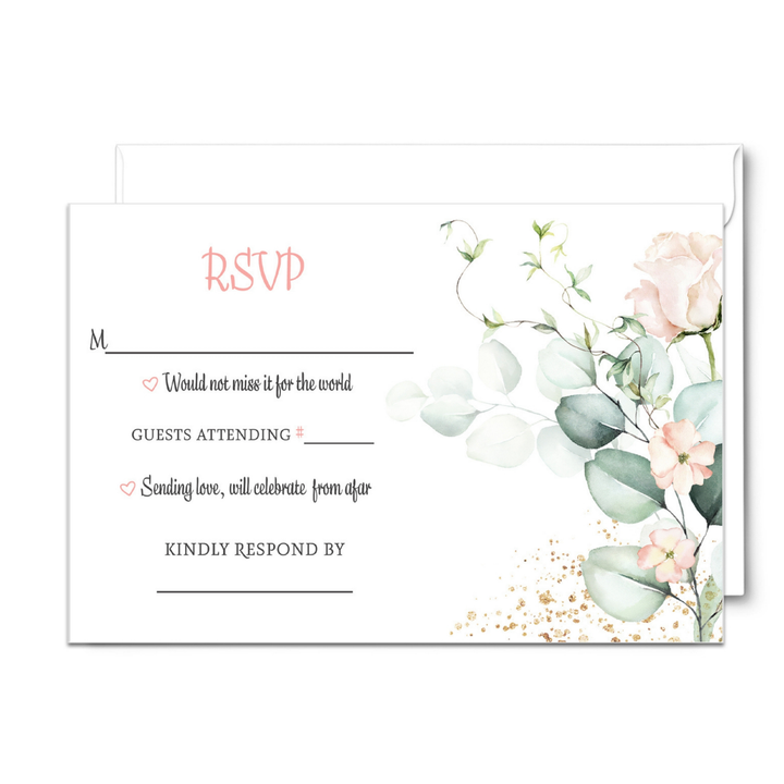 Blush Greenery Pink Floral RSVP Cards - Wedding Response Set, 3.5x5, Envelopes Included, 25 Pack - Paper Clever Party