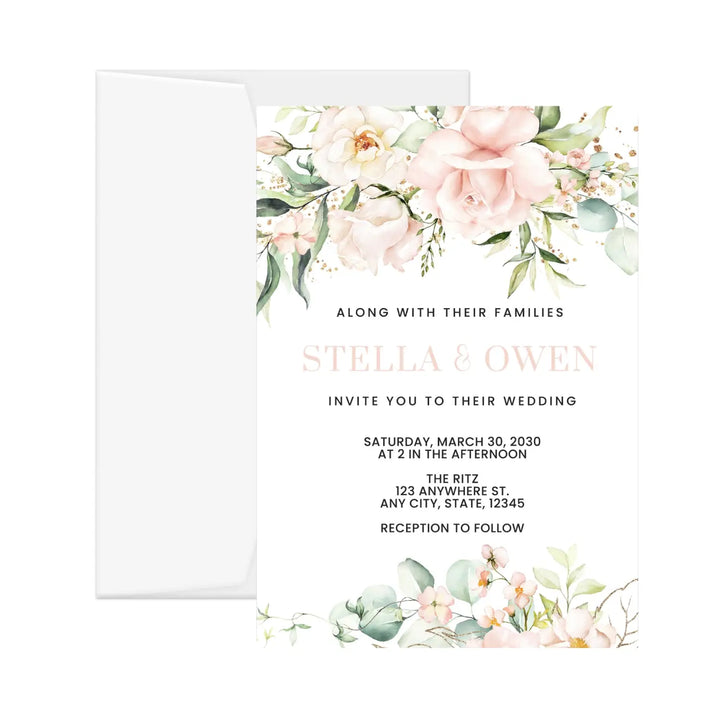 Personalized wedding reception invitations - blush blooms theme 5x7 cards - pink and gold rustic design with envelopes