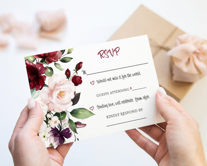 Boho Burgundy Blossom RSVP Cards for Wedding Invitations with Envelopes, Contemporary Floral, 3.5x5, Pack of 25