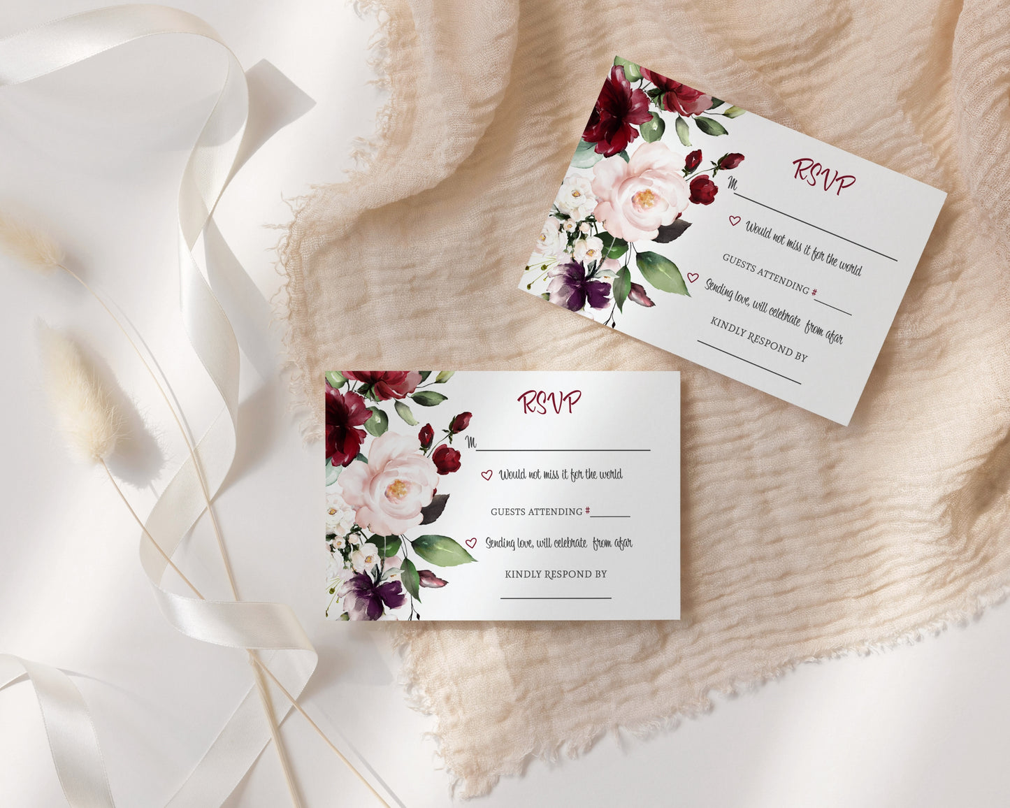 Boho Burgundy Blossom RSVP Cards for Wedding Invitations with Envelopes, Contemporary Floral, 3.5x5, Pack of 25