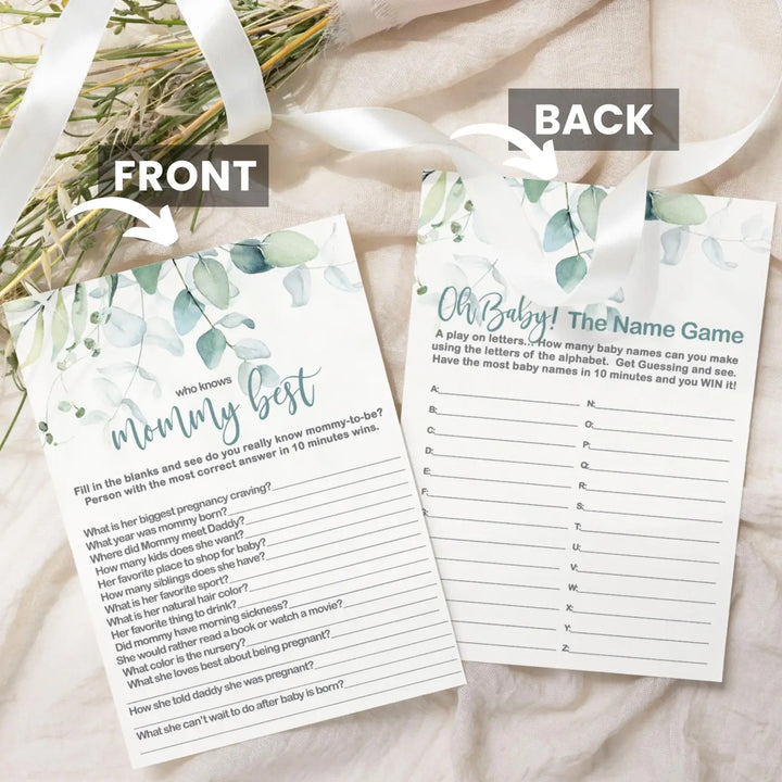 Botanical Bliss - Eucalyptus & Gold Baby Shower Game Set, 5x7 Double-Sided Cards (25 ct)