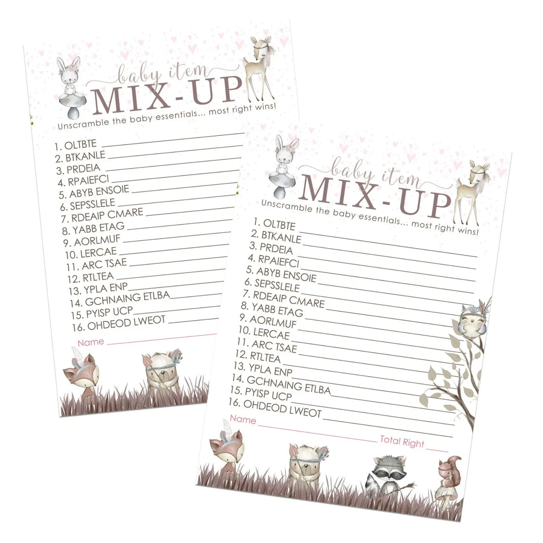 Boho Woodland Baby Shower Word Scramble Game - 25 Pack, Baby Shower Activities for Girls, Cute Guest Party Game Ideas