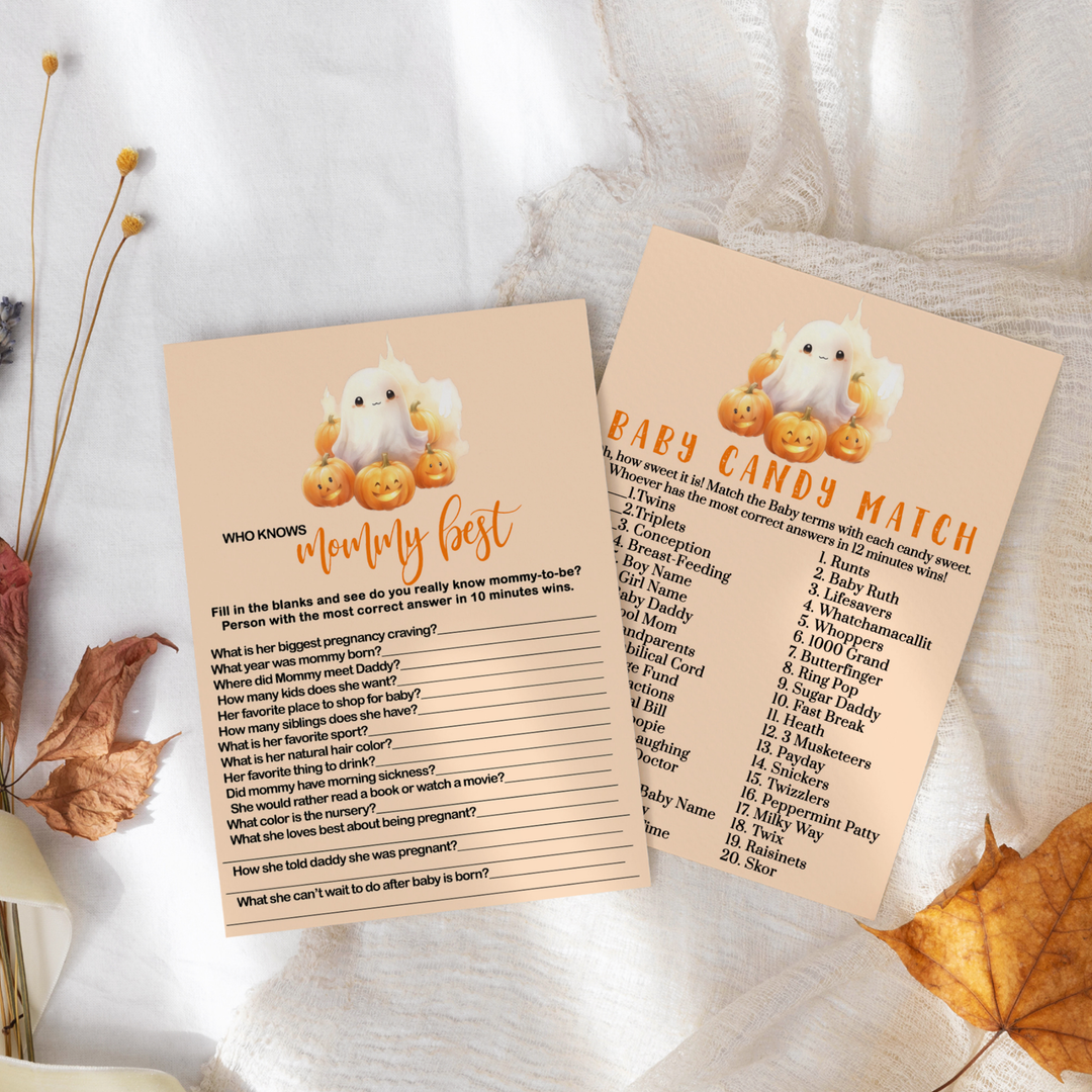 Little Boo Baby Shower Game Set, Halloween Pumpkin & Ghost, 5x7 Cards (25 ct) - Paper Clever Party