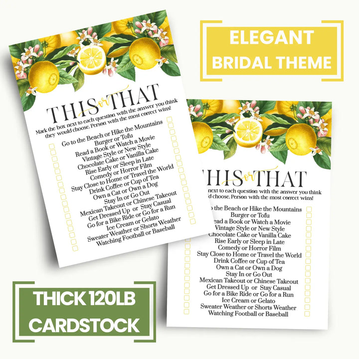 Lemon Bridal Shower Games - Would She Rather Bridal Shower Game, Fun This or That for Graduation Party, Rehearsal Dinner, Birthday Girl, Main Squeeze Design Botanicals, 25 Card Pack