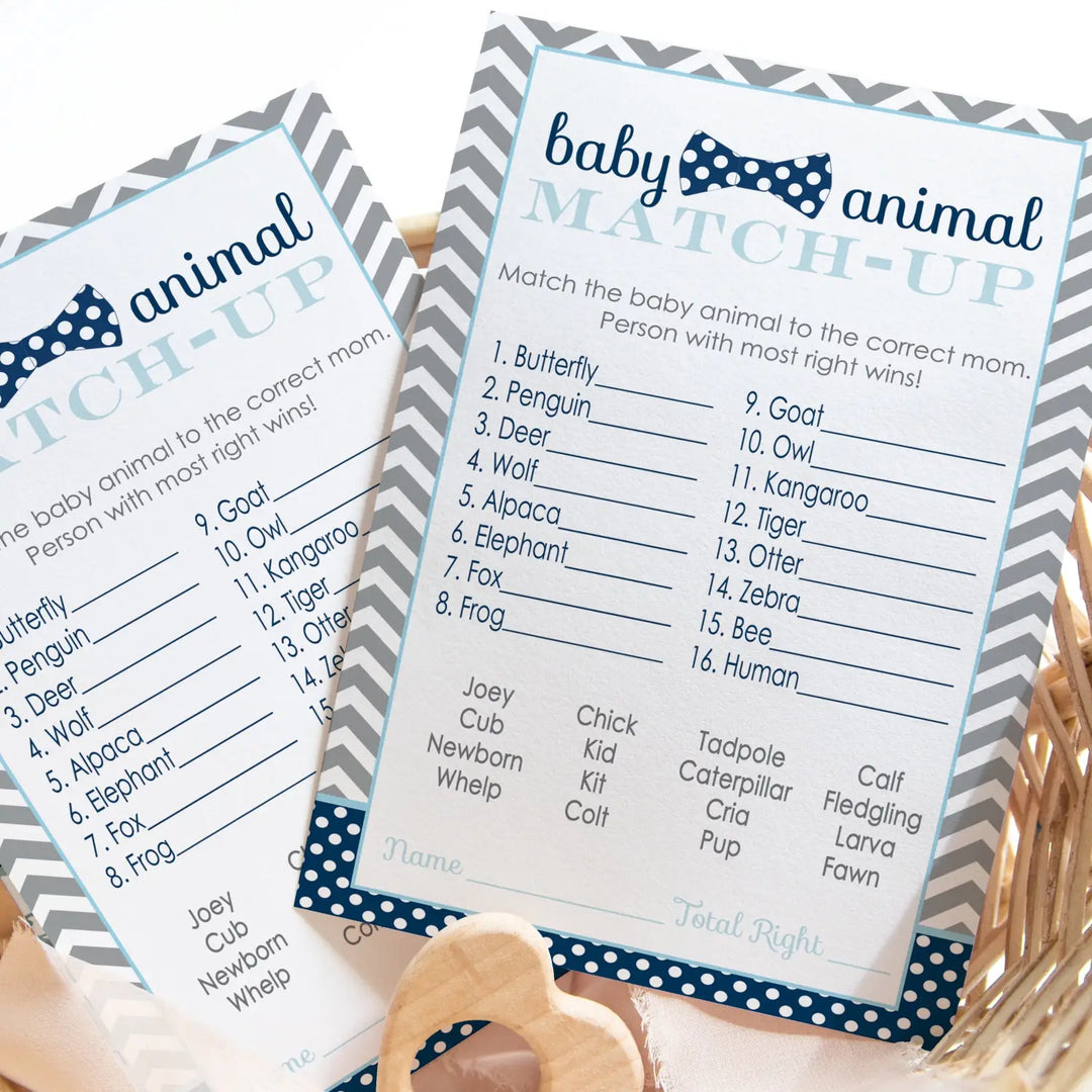 Bow Tie Baby Shower Game Cards Animal Matching (25 Pack)