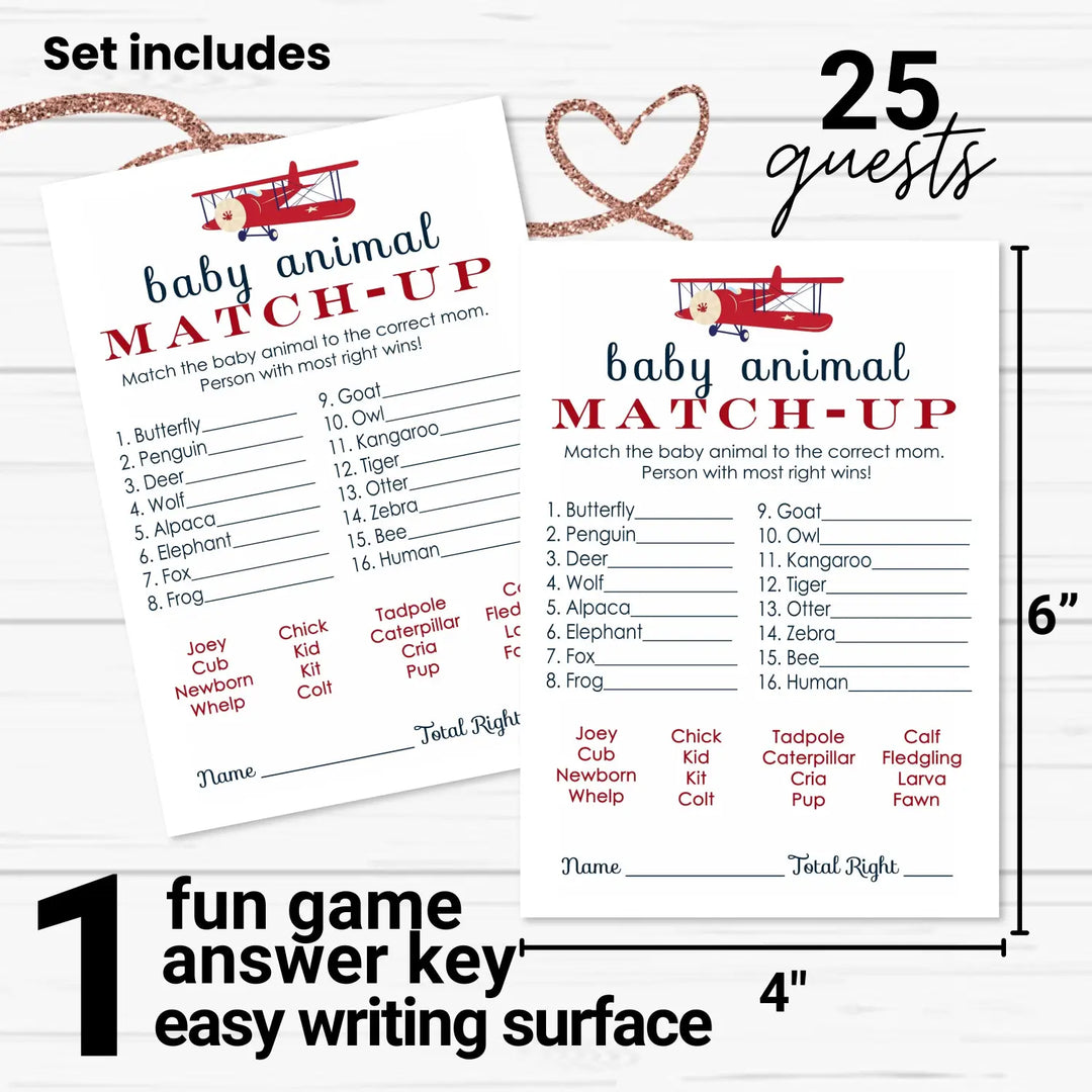 Airplane Animal Matching Game for Baby Shower (25 Card Pack)