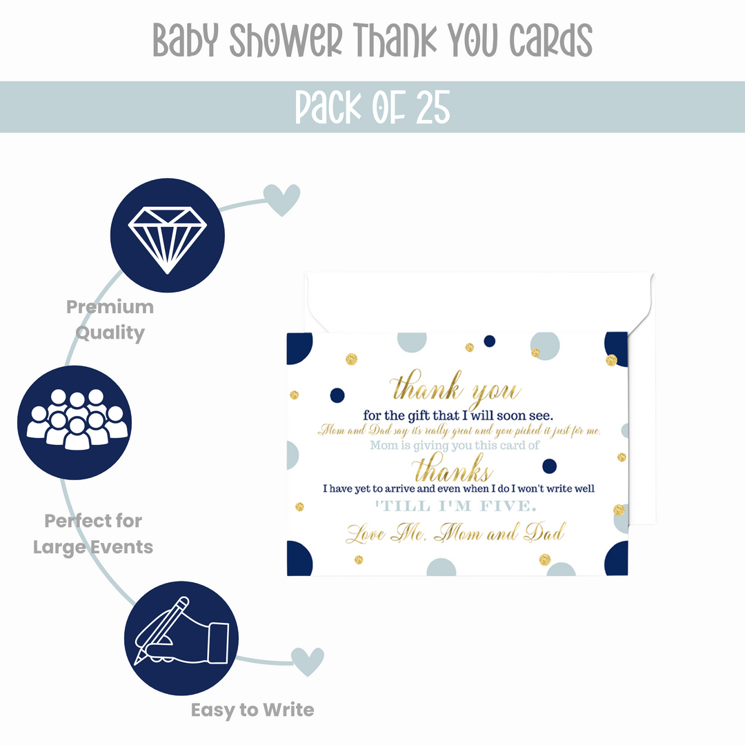 Navy and Gold Baby Shower Thank You Cards for Boys – Notecards (Pack of 25) - Paper Clever Party