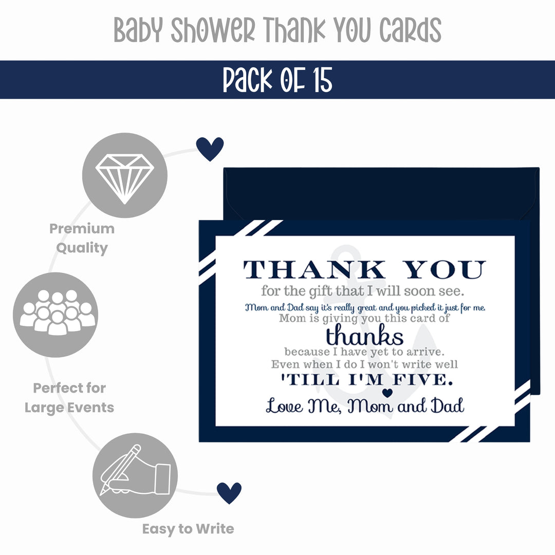 Anchor Boys Baby Shower Thank You Cards - Nautical (15 Pack) with Blue Envelopes, 4x6 - Paper Clever Party