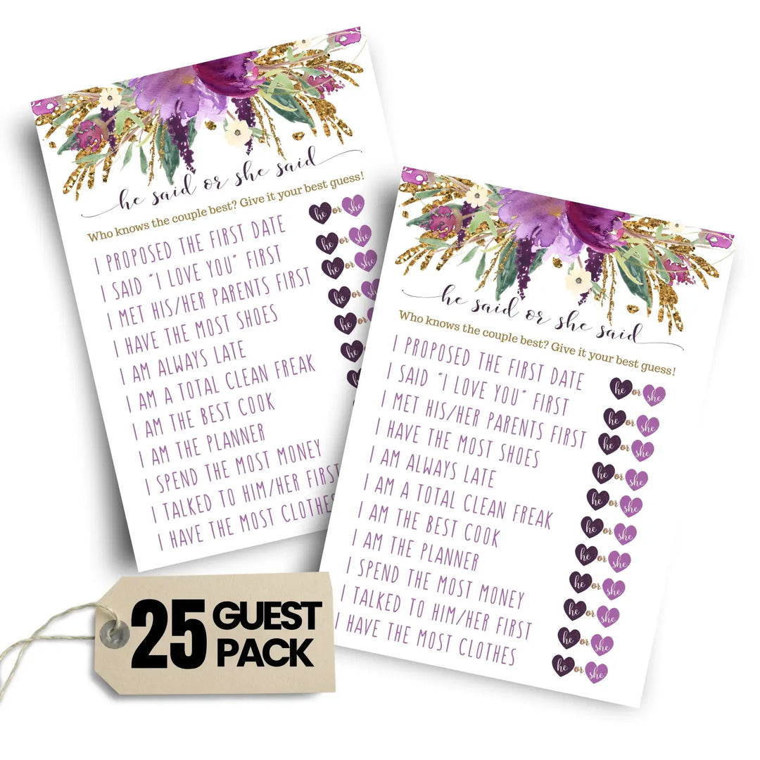 Purple Bridal Shower Games - 25 Cards - He Said or She Said Bridal Shower Game, What Did the Bride and Groom Say Guess Who Wedding Activity - Engagement, Rehearsal Dinner, Modern Floral Design