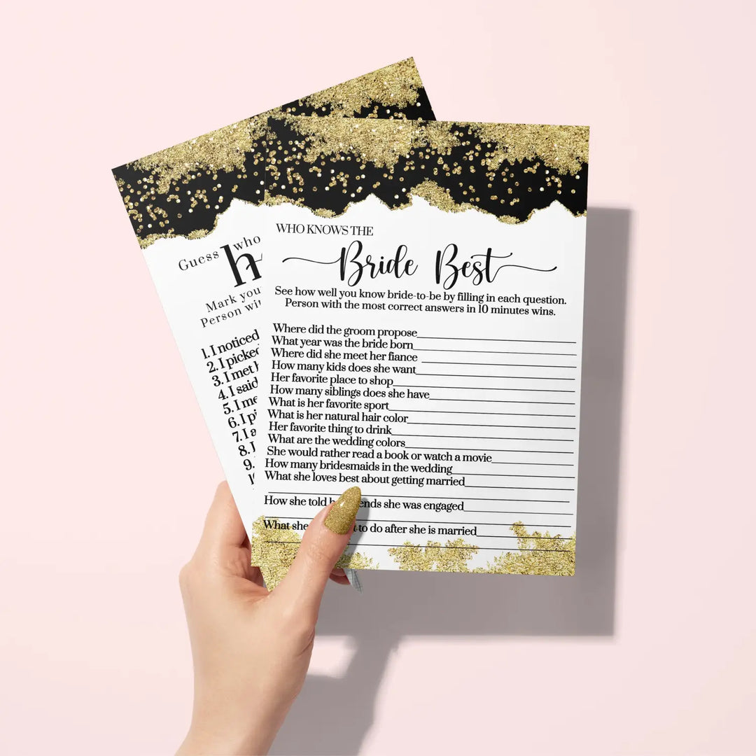 Black and Gold Bridal Shower Games - He Said or She Said & Who Knows the Bride Best Wedding Shower Game - Ideas for Engagement Party, Rehearsal Dinner, Boho Floral Design, 25 Double-Sided Card Bundle