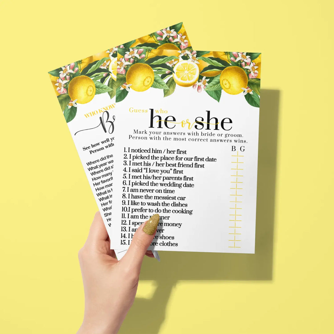 Lemon Bridal Shower Games – Bundle Includes He Said or She Said & Who Knows the Bride Best Wedding Shower Game - Ideas for Engagement Party, Rehearsal Dinner, Main Squeeze Design, 25 Double-Sided Card