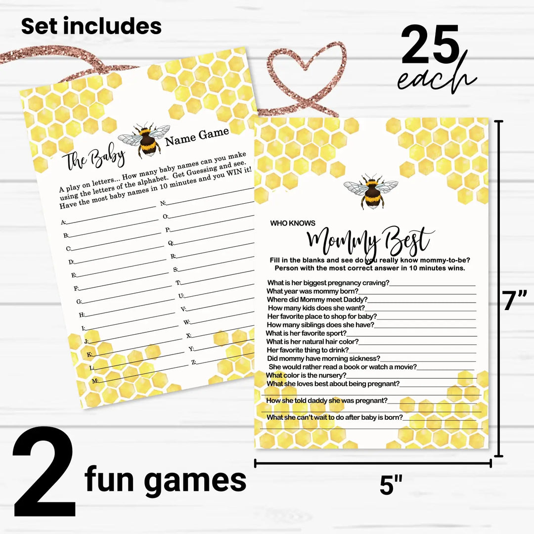 Mama to Bee Baby Shower Games, 25 Each - Baby Name Race and Who Knows Mommy Best, Fun Baby Games for Baby Shower, Bumblebee Favors Decor Ideas, Gender Neutral Baby Shower Activity Planning, Two-Sided