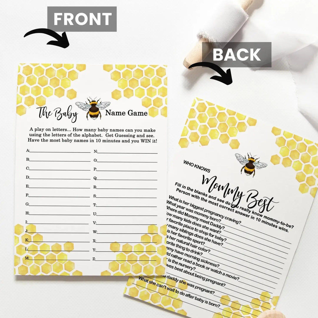 Mama to Bee Baby Shower Games, 25 Each - Baby Name Race and Who Knows Mommy Best, Fun Baby Games for Baby Shower, Bumblebee Favors Decor Ideas, Gender Neutral Baby Shower Activity Planning, Two-Sided