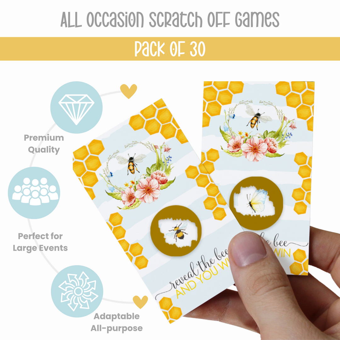 Mommy to Bee Bumblebee Scratch Off Game Cards (30 Pack) - Baby Shower, Bridal, Wedding, Gender Reveal Games - Paper Clever Party