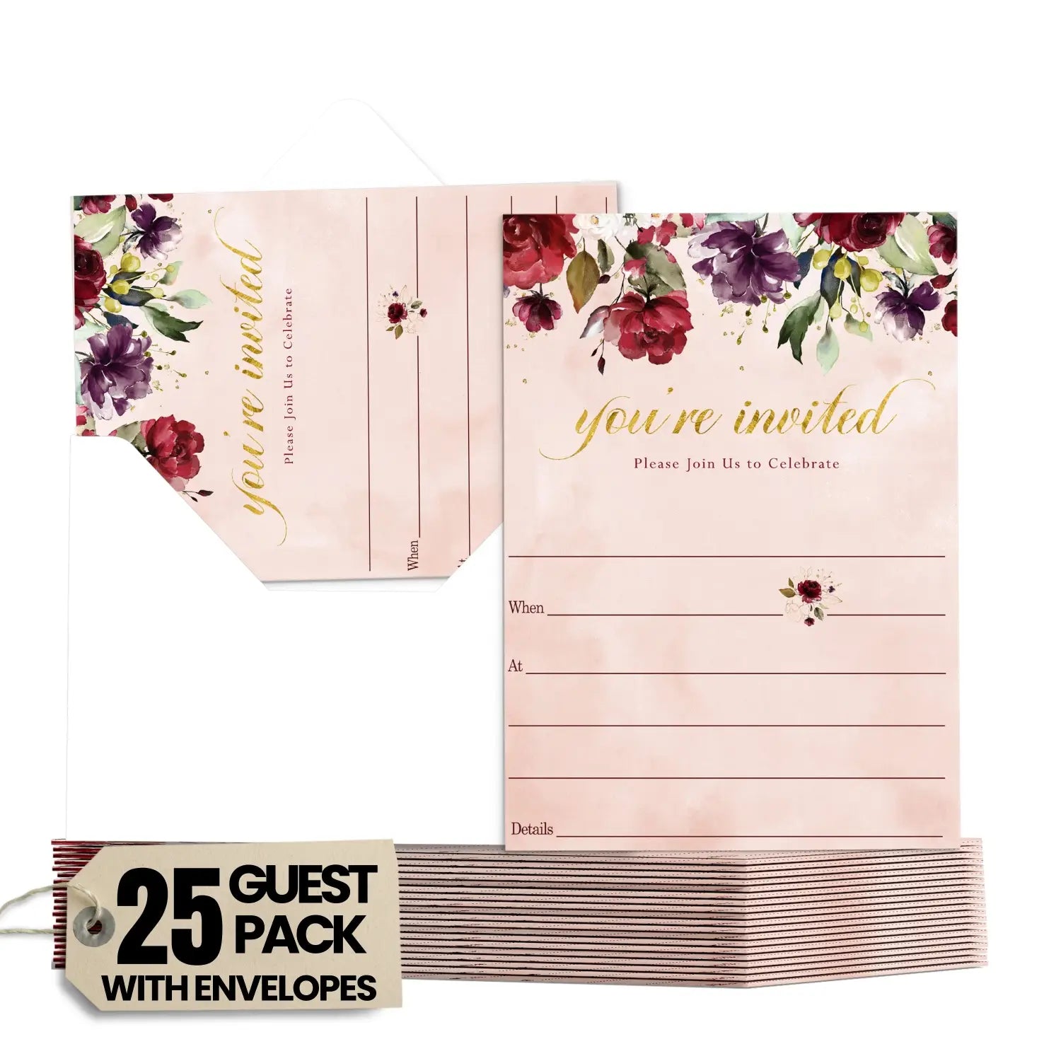 Burgundy floral invites - rustic elegance 25ct 5x7 - invitations
