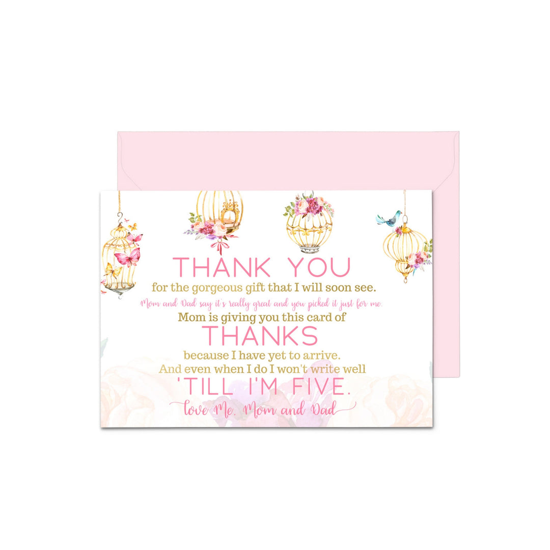 Butterfly and Floral Girls Baby Shower Thank You Cards - 15 Pack with Pink Envelopes, 4x6 - Paper Clever Party