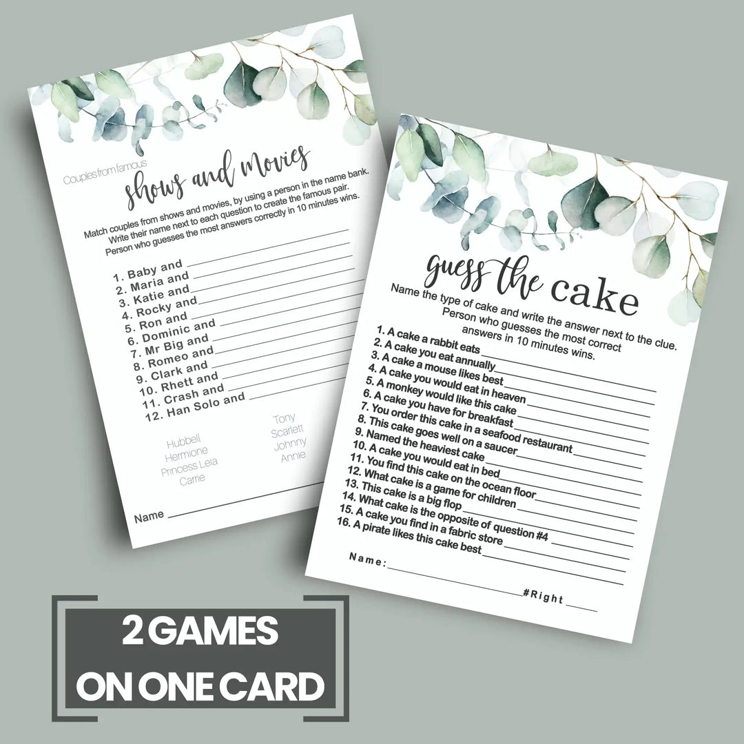 Greenery Bridal Shower Games (25 Each) Guess the Cake, Word Scramble, Famous Pairs, Wedding Name Game, Fun Wedding Activity Engagement Party, Rehearsal Dinner, Double-Sided Cards Bundle