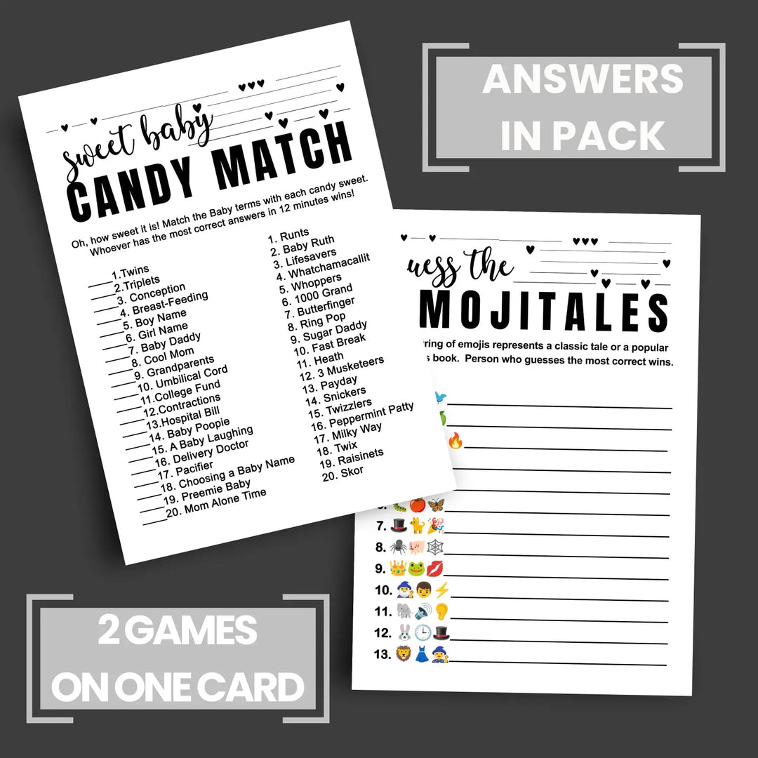 Sophisticated 2-in-1 Baby Shower Game Bundle - Match the Candy Bar & Guess the Storybook - 25 Pack