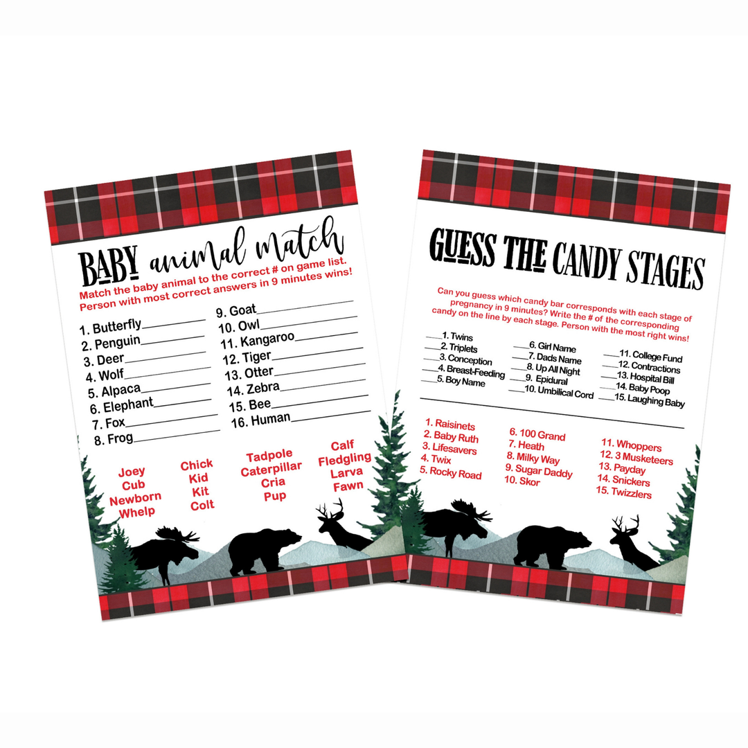 Lumberjack Baby Shower Game Set, Animal Matching and Candy Bar Guessing, Rustic Red & Black - Paper Clever Party