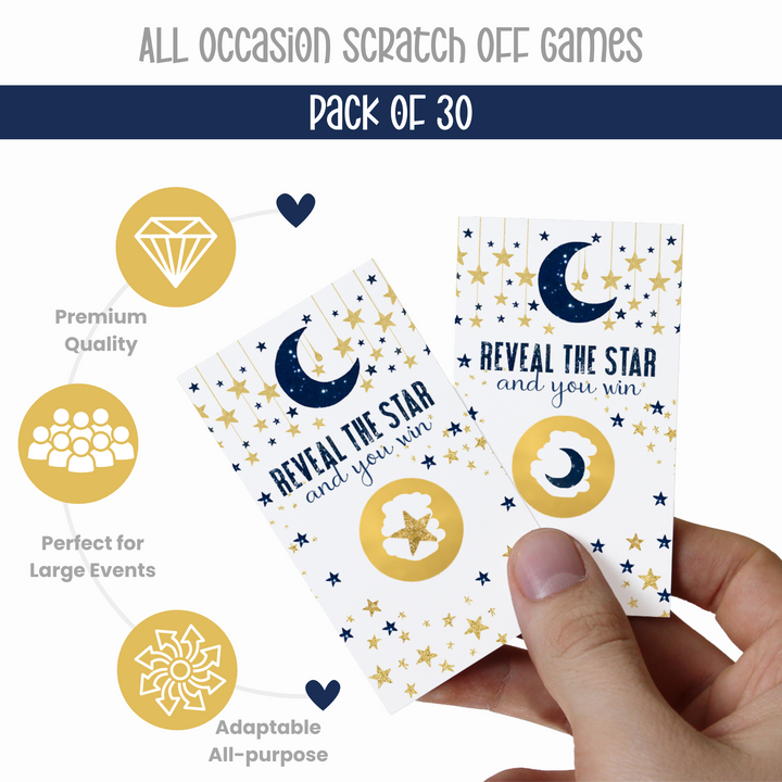 Twinkle Little Star Scratch-Off Game Cards (30-Pack) Navy & Gold Baby Shower Activity - Paper Clever Party