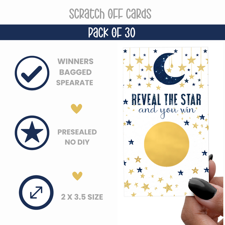 Twinkle Little Star Scratch-Off Game Cards (30-Pack) Navy & Gold Baby Shower Activity - Paper Clever Party